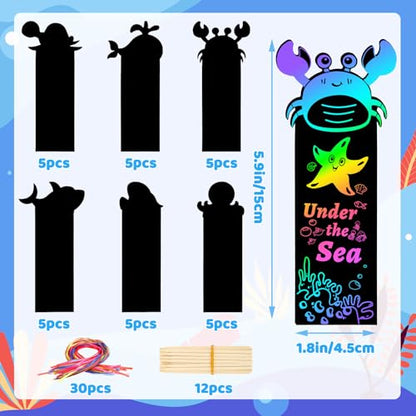 JUNEBRUSHS 30Pcs Ocean Crafts, Rainbow Magic Ocean Animals Scratch Bookmarks Under The Sea Party Favors Games for Activities Summer Arts and Crafts - style: Ocean Style