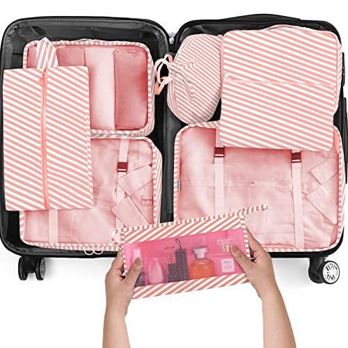 KPX 8 Set Packing Cubes for Travel, Luggage Packing Organizers Accessories Large Toiletries Bag for Clothes Shoes Cosmetics (Pink Strips) - color: Pink Stripe