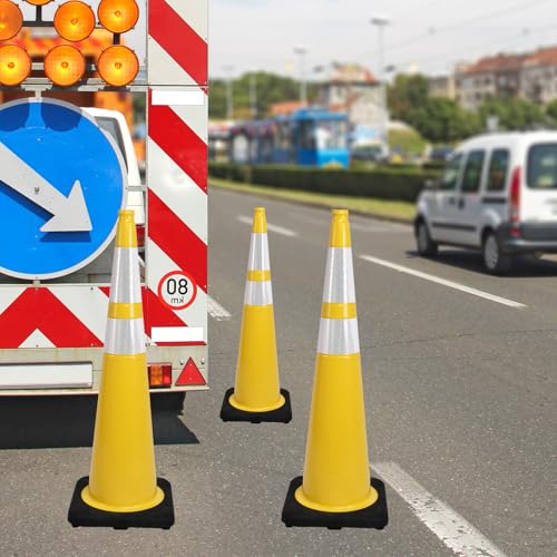 8 Pack 36 Inch Yellow Traffic Cones with Reflective Strips, Large Black Base Safety Cones for Industrial Sites, Warehouses and Emergency Marking (8, Yellow, 36 Inch) - color: Yellow, size: 36 Inch