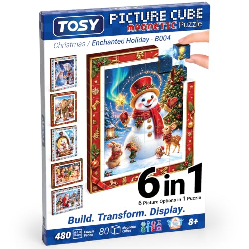 TOSY Picture Cube Enchanted Holiday: 6-in-1 Magnetic Picture Puzzle, 80 Blocks, 480 Puzzle Faces, 0.63 in, B004, Seamless UV Art, Display-Ready Frame, Collectible, STEM/STEAM Gift for Kids & Adults - color: Enchanted Holiday