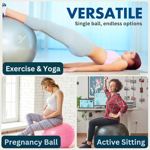 ProBody Pilates Yoga Ball - Gym Grade Exercise Ball | Sizes 45/55/65/75/85 cm, 880 lb Load, CA 10P Cert, PT & Prenatal Use, Recommended by OBs, Pump - color: Silver, size: L: 23-26 inches/58-65 cm