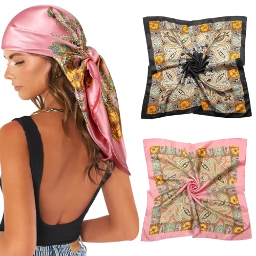 AWAYTR 35” Large Satin Square Head Scarf - 2Pcs Silk Like Floral Head Scarves Square Satin Hair Scarf Bandanas for Women - color: Cashew(pink+black)