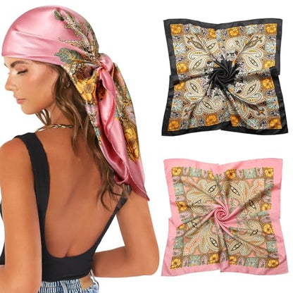 AWAYTR 35” Large Satin Square Head Scarf - 2Pcs Silk Like Floral Head Scarves Square Satin Hair Scarf Bandanas for Women - color: Cashew(pink+black)