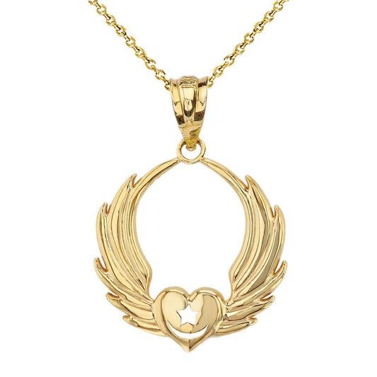 Winged Heart with Star & Crescent Islam Sufi Order Pendant Necklace Fine With Rolo Chain Real Solid 14Kt Gold - color: 14K Yellow Gold