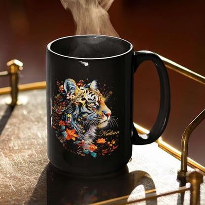 Tiger Mug, Customized Floral Coffee Cup 11oz 15oz, Personalized Wildlife Enthusiasts Black Mug, Custom Name Animal Ceramic Cup, Mug Gift For Nature Lovers, Flower Cup For Mom - color: THU-924-1960-Tiger