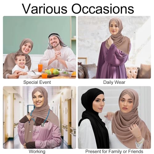 XEPST Instant Hijab for Women, Islamic Muslim Chiffon Hijab with Matching Cross Hijab Undercap Soft Instant Hijab Ready to Wear Solid Color Headscarf Turban Wrap Hijab Scarf for Women, Khaki
