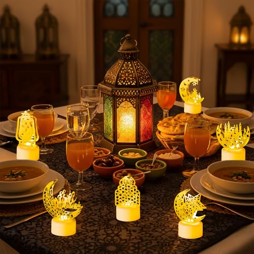 CUweipeng Ramadan Mini Lantern Lights Decoration - 6 Pcs Gold Moon Castle Lighthouse Eid Mubarak Lamp Plastic LED Night Light for Eid Ramadan Party Home Indoor Outdoor Bedroom Tabletop Decoration