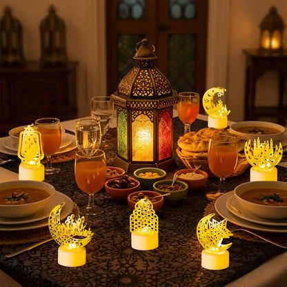 CUweipeng Ramadan Mini Lantern Lights Decoration - 6 Pcs Gold Moon Castle Lighthouse Eid Mubarak Lamp Plastic LED Night Light for Eid Ramadan Party Home Indoor Outdoor Bedroom Tabletop Decoration