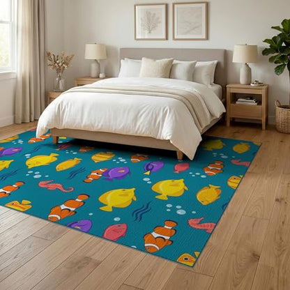 6'x9' Washable Beachy Fish Area Rug, Yellow Non-Shedding Pet Friendly Room Rug for Queen Size Bedroom, Under Bed, Master Suite, Foldable Easy Care Carpet | Ref:1886587 - color: Blue/Pattern 15, size: 6' x 9' (Rectangular)