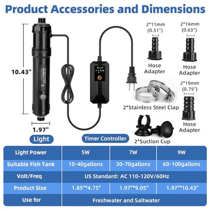hygger 9W Aquarium U-V Light with Timer, 360° Protective Shield Clean Light for Crystal Clear Green Water, Submersible Fish Tank Cleaner for 60–100 Gallon Freshwater & Saltwater Aquariums - size: 1.97 x 10.43 inches