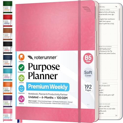 Roterunner Purpose Planner Notebook B5 7.5”x9.8” Undated 2026 Daily Weekly and Monthly Productivity Goal Setting Tool for Work Home ADHD Planner for Adults Self Care Journal - color: Pink