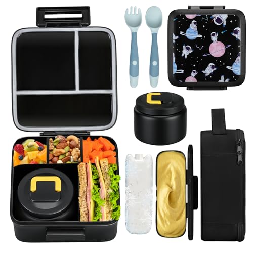 JXXM Bento Lunch Box for Kids With 8oz Soup Thermo,Leak-proof Lunch Containers with 5 Compartment,Thermo Food Jar and Lunch Bag, Food Containers for School (A-Black(Circumnavigate Space)) - color: A-Black(Circumnavigate Space)