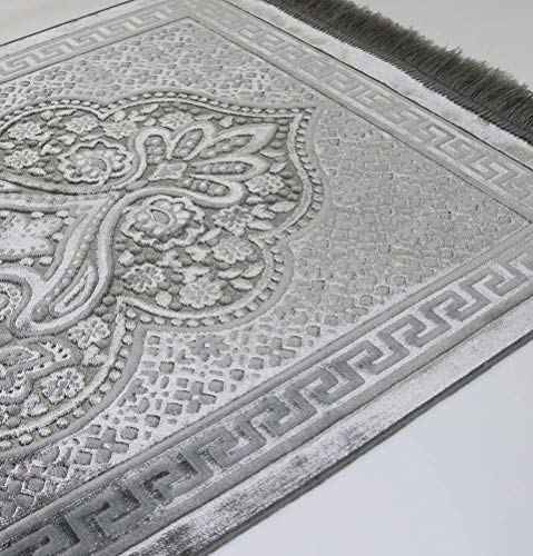 Modefa Luxury Velvet Prayer Rug with Prayer Beads | Soft Elegant Muslim Turkish Janamaz Sajada Carpet for Men and Women | Plain Solid Prayer Mat Ramadan Eid Gift - Paisley (Silver Grey) - color: Silver Grey