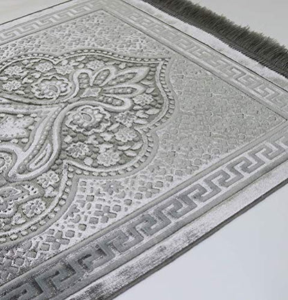 Modefa Luxury Velvet Prayer Rug with Prayer Beads | Soft Elegant Muslim Turkish Janamaz Sajada Carpet for Men and Women | Plain Solid Prayer Mat Ramadan Eid Gift - Paisley (Silver Grey) - color: Silver Grey