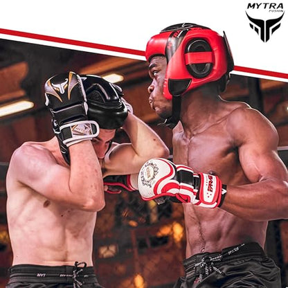 Mytra Fusion Boxing Headgear MMA Headgear Martial Arts Sparring Gear Headgear for Kickboxing, Muay Thai and Karate Training (Black, S/M)