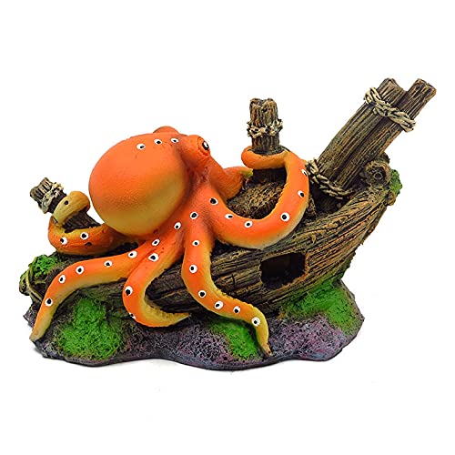 Small Aquarium Decoration Cute Octopuse Design Fish Tank Ornament Shipwreck Landscaping for Mini Small 5 10 Gallons Fish Turtle Tank
