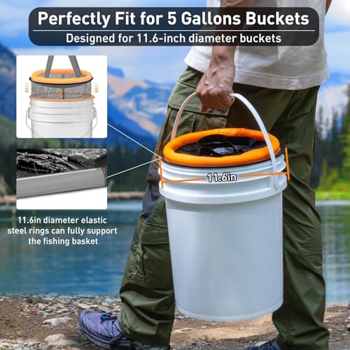QualyQualy Floating Fish Basket for 5 Gallons Buckets, Foldable Fishing Basket Bait Net for Live Caught, Rubber Coated Mesh Fish Holder for Kayak Fishing Live Well Baitfish Minnow Bucket