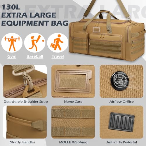 135L Large Duffle Bag, Heavy Duty Duffle Bag for Travel, Extra Large Sports Gym Equipment Bag for Soccer Baseball Basketball Hockey Football, Brown - color: Brown