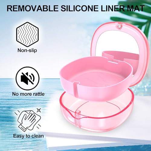 Pink Aligner and Retainer Case Double-layer Cute Slim Braces Night Mouth Guard Case with Remover Tool, Chew and Cleaning Brush, Built in Mirror Orthodontic Dental Retainer Container - color: Transparent Pink