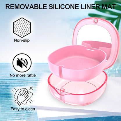 Pink Aligner and Retainer Case Double-layer Cute Slim Braces Night Mouth Guard Case with Remover Tool, Chew and Cleaning Brush, Built in Mirror Orthodontic Dental Retainer Container - color: Transparent Pink