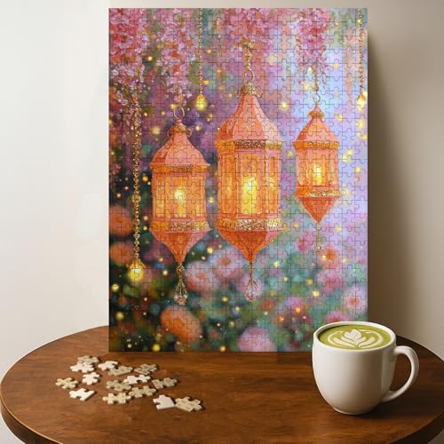 Islam Jigsaw Puzzle - 500 Pieces Wooden Puzzle for Adults, Wall Art Gift, Finished Size: 20 x 15 Inch - color: Ramadan Lanterns Islamic Decor Pink and Gold Lanterns - 500 Pieces
