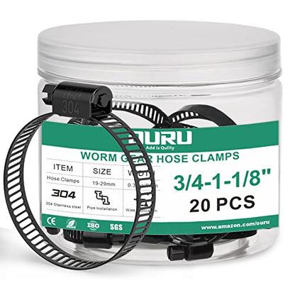 OURU 20PCS 3/4"-1-1/8" Black Hose Clamp,Adjustable 19-29mm Small Hose Clamps Stainless Steel,Metal Worm Gear Drive Hose Clamps for Automotive,Plumbing,Intercooler,Pipe,Fuel Line Radiator Clamps - size: 20PCS (3/4" - 1-1/8")