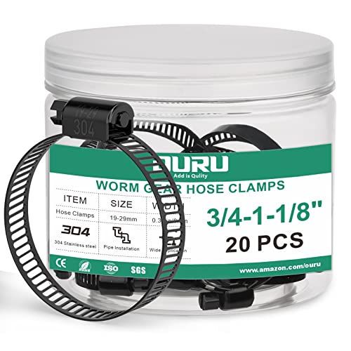 OURU 20PCS Black Hose Clamp Stainless Steel Adjustable 3/4"-1-1/8"(19-29mm) | Heavy Duty, Rust Resistant, Worm Gear Small Hose Clamp， Automotive, Pipe, Radiator Plumbing, Fuel Line - size: 20PCS (3/4" - 1-1/8")
