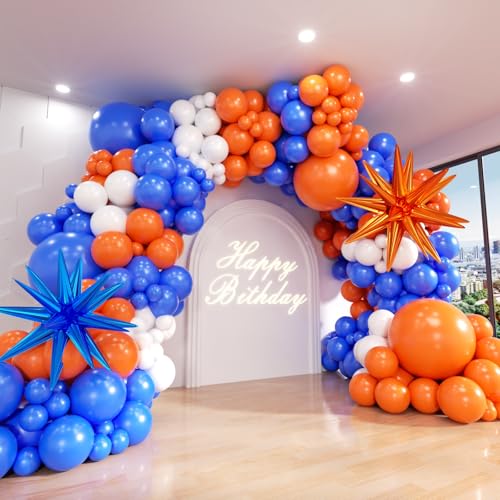 Blue and Orange White Balloon Arch Kit, 145Pcs Royal Blue Orange WhiteBalloon Garland kit, Different Size Balloons for Girl Birthday Anniversary Baby Shower Graduation Prom Party Decorations - color: Blue and Orange White