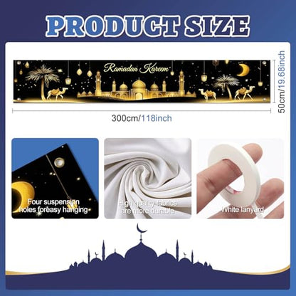 BlissYard Ramadan Kareem Banner 118×19.68 inch Islamic Holiday Decoration Backdrop for Home Outdoor Fence Wall Porch Mosque Event Setup Evening Gathering and Cultural Photo Display