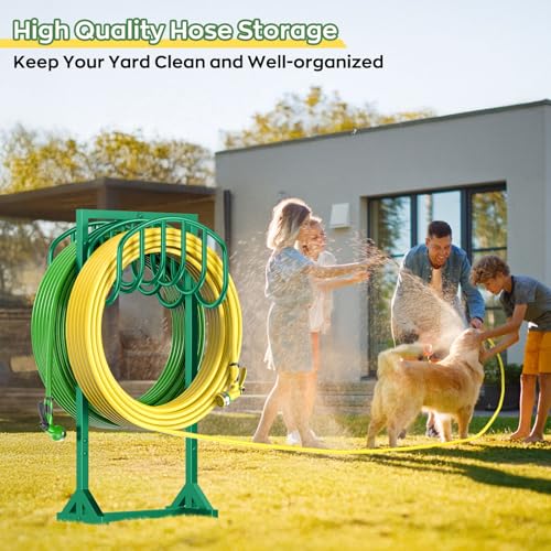 Garden Water Hose Holder Holds 2 * 150Ft Hoses, Heavy-Duty Metal Freestanding Hose Holder with 4 Spikes, Rustproof Garden Hose Hanger Storage for Outside, Yard, Lawn - color: Green