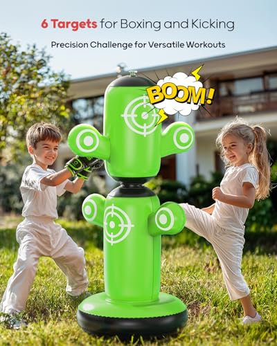 QPAU 360° Rotatable Punching Bag for Kids, Lager 64” Kids Punching Bag with Gloves, Hand Pump & 6 Targets, Bop Bag Inflatable Punching Toy, Karate Gifts for Boys, Girls - color: Green
