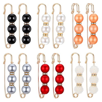 12 Pcs Pearl Brooch Pins 6 Styles Safety Pin for Women Girls Pant Waist Tightener Pins for Clothes Sweater Shawl Clips Pearl Rhinestones Brooches for Clothing Dress Scarves Cardigan Collar Jackets
