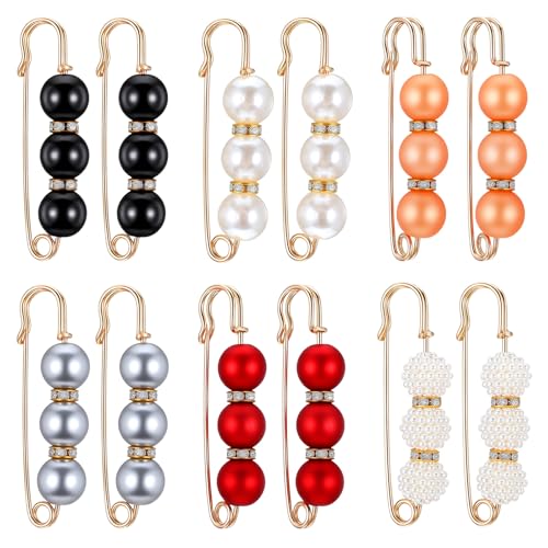 12 Pcs Pearl Brooch Pins 6 Styles Safety Pin for Women Girls Pant Waist Tightener Pins for Clothes Sweater Shawl Clips Pearl Rhinestones Brooches for Clothing Dress Scarves Cardigan Collar Jackets