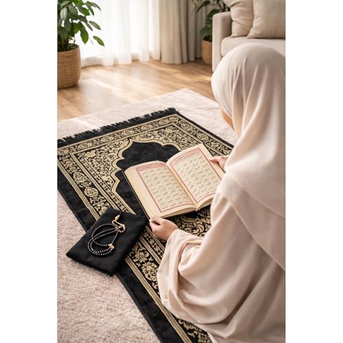 SAJADAH Muslim Prayer Rug Set - 4 in One Islamic Gifts Set, Prayer Mat, Prayer Beads, Hijab, Surahs Book,Eid Gifts - color: Black