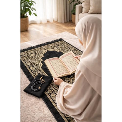 SAJADAH Muslim Prayer Rug Set - 4 in One Islamic Gifts Set, Prayer Mat, Prayer Beads, Hijab, Surahs Book,Eid Gifts - color: Black