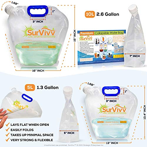Premium Collapsible Water Container Bag, No-Leak, Freezable, Odorless, Flat Folding, BPA Free Food Grade Clear Plastic Storage tank for Sports Outdoors Camping (1.3 Gal 10Pk)