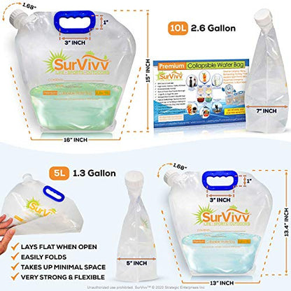 Premium Collapsible Water Container Bag, No-Leak, Freezable, Odorless, Flat Folding, BPA Free Food Grade Clear Plastic Storage tank for Sports Outdoors Camping (1.3 Gal 10Pk)