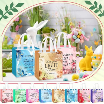 HunnmingRe Christian Gift Bags Bulk, Reusable Flower Religious Bible Verse Tote with Handles Non Woven Scripture Pastor Blessing Gift for Baptism Church Wedding Favors(32 Pcs,Flower) - style: Flower
