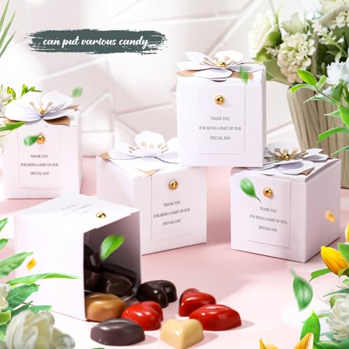 Affrolling 50 Pcs Wedding Favor Boxes with Thanks Card Square Flower Candy Boxes Paper Bridal Gift Box for Guests Wedding Bridal Shower Birthday Party Anniversary(White) - color: White