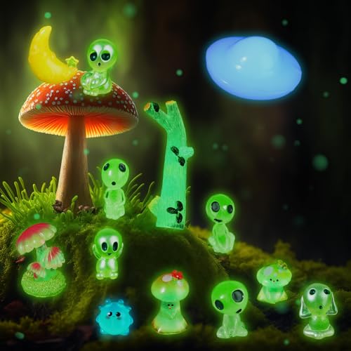 Civaner 13 Pcs Alien Decor Glow in Dark Mini Alien Betta Fish Tank Decoration Fairy Garden Accessories Scary Decor Miniature Accessories Tree Elves for Garden Aquarium Dollhouse Table