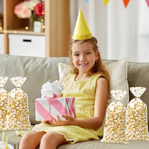 Totelux Star Cellophane Gift Bags 50PCS Clear Candy Bags Plastic Treat Goodies Bags with Ties for Cookies Gift Packaging Birthday Party Supplies Gold