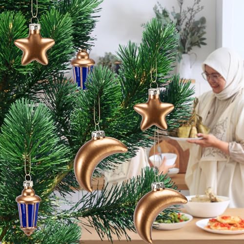 Watayo 6 Pcs Glass Eid Mubarak Lanterns Moon Star Ornaments, Hanging Ramadan Tree Ornaments, Islam Ramadan Kareem Moon Star Lantern Pendant Decorations for Islamic Muslim Festival Party Home Decor