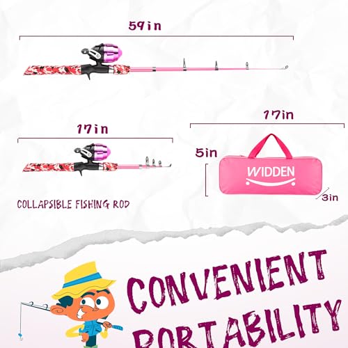 WIDDEN Kids Fishing Pole, Portable Telescopic Kids Fishing Poles for Boys and Girls, Fishing Rod and Reel Combo Kit with Tackle Box, and Fishing Net, Best Fishing Pole for Toddler Youth - color: Pink+Green