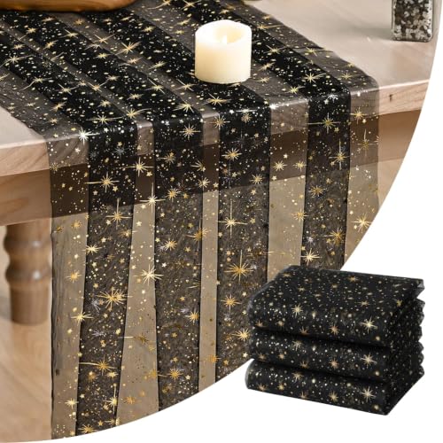 Artoid Mode 3PC Gold Stars Black Gauze Table Runner 120 Inch 10FT, Reversible Glitter Sheer Dining Wedding Holiday Birthday Table Decor for Home Party - color: Black Gold, size: 28" x 120", 3pc