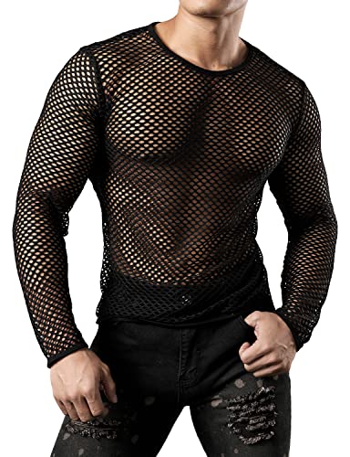 JOGAL Mens Fishnet Mesh Long Sleeve Shirt Fitted Muscle Top - color: Black, size: X-Large