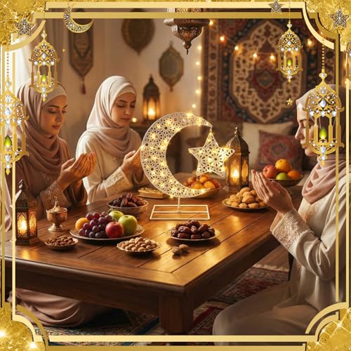 MorningRo Eid Mubarak Table Decoration Metal Ramadan Moon Star Table Decor with LED Light Metal Crescent Ramadan Kareem Desk Ornament for Home Decor Islamic Muslim Gifts - style: Elegant