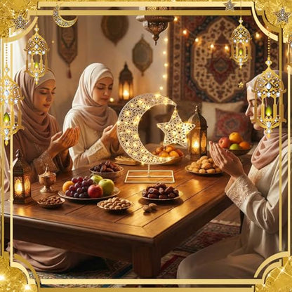 MorningRo Eid Mubarak Table Decoration Metal Ramadan Moon Star Table Decor with LED Light Metal Crescent Ramadan Kareem Desk Ornament for Home Decor Islamic Muslim Gifts - style: Elegant