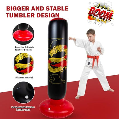 Onirii 66 Inch Kids Inflatable Punching Bag | Large Stable Kids Inflatable Boxing Bag Toy Set with Gloves for Boys & Girls Age 3-12 for Taekwondo,MMA and Practicing Karate - color: Golden Dragon