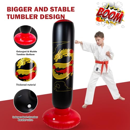 Onirii 66 Inch Kids Inflatable Punching Bag | Large Stable Kids Inflatable Boxing Bag Toy Set with Gloves for Boys & Girls Age 3-12 for Taekwondo,MMA and Practicing Karate - color: Golden Dragon