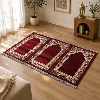 Modefa Turkish Islamic Prayer Mat - Wide Chenille Praying Mat - Multi Person Muslim Janamaz Sajada for Family - Large Gathering & Group Praying Carpet - Selcuk Star 3 Person (Red) - color: Red